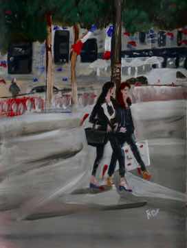 Walking on the Champs Elysees, acrylic on paper, 12"x16"